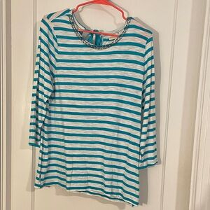 Chico's Teal and White Striped Long Sleeve Top